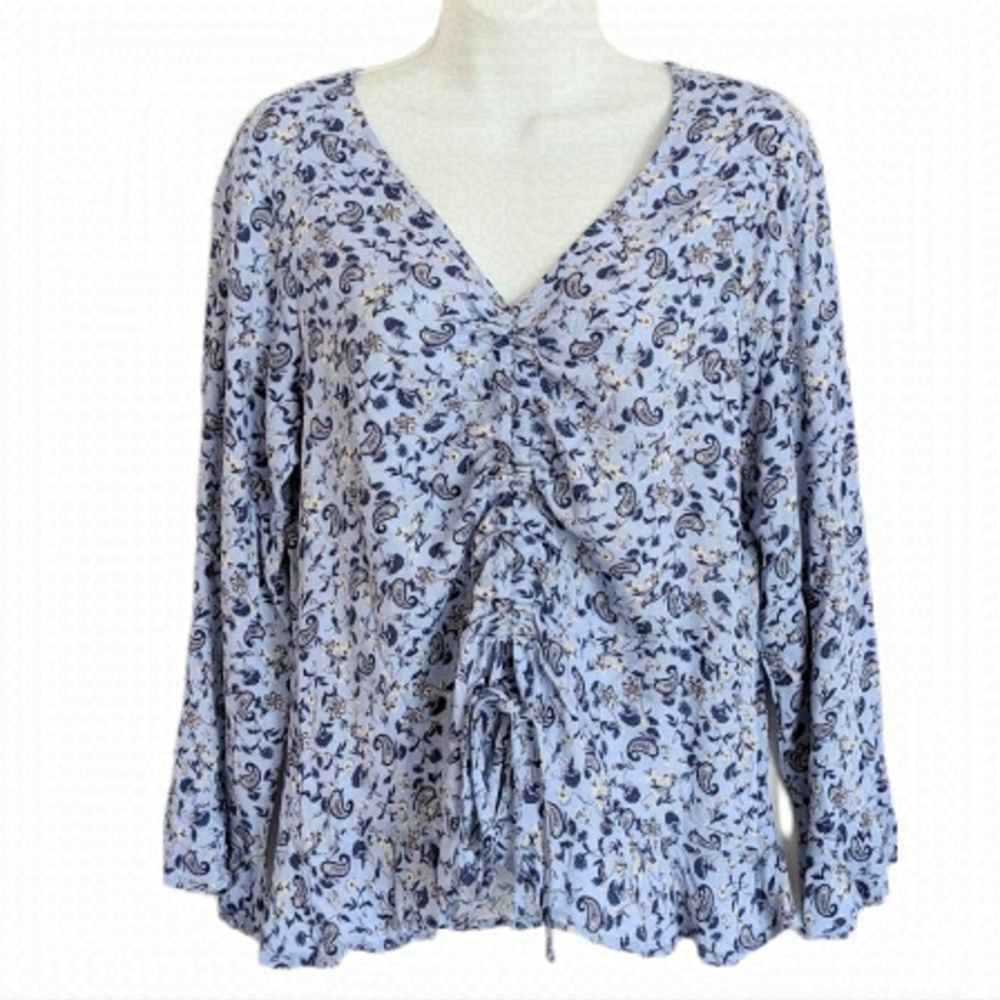 Boho Blouse Ruffled Sleeve Edge Paisley Print Blue Small @E